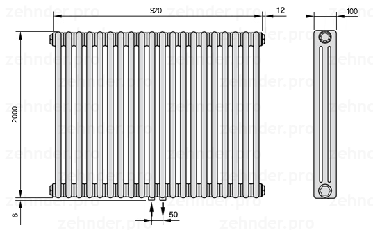 Схема (чертеж) Радиатор Zehnder Charleston 3200/20 №3470 Белый глянцевый RAL 9016